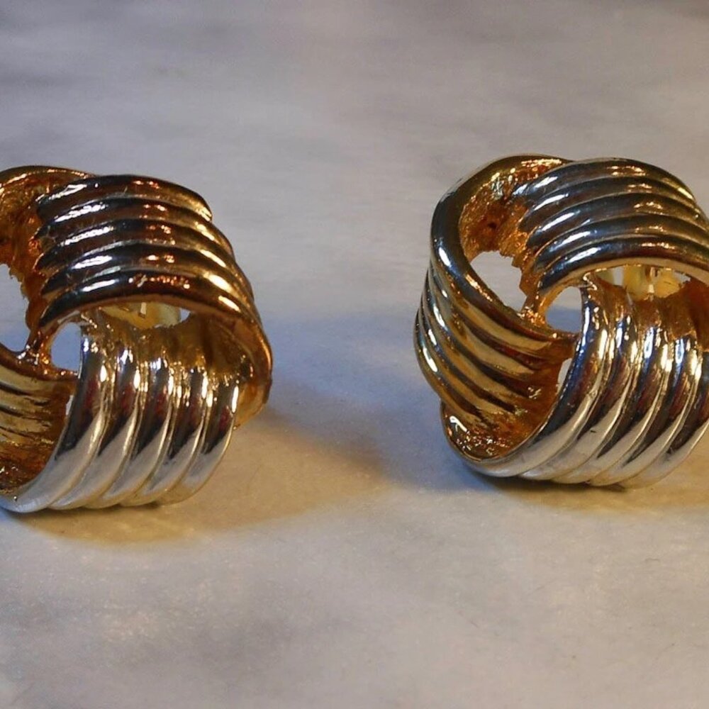 Vintage Two Tone Knot Clip On Earrings Gold Silver Bold Statement Retro 1.25"